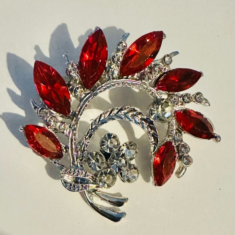 Elegant Red and Silver Brooch